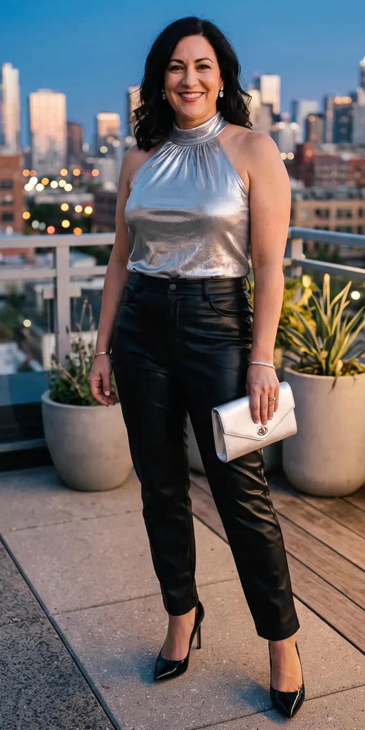 High-Waist Faux Leather Trousers with a Metallic Silver Halter