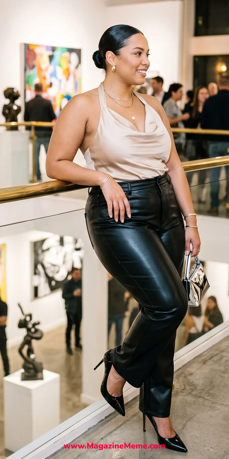 High-Waisted Liquid Faux Leather Pants and a Cowl-Neck Halter