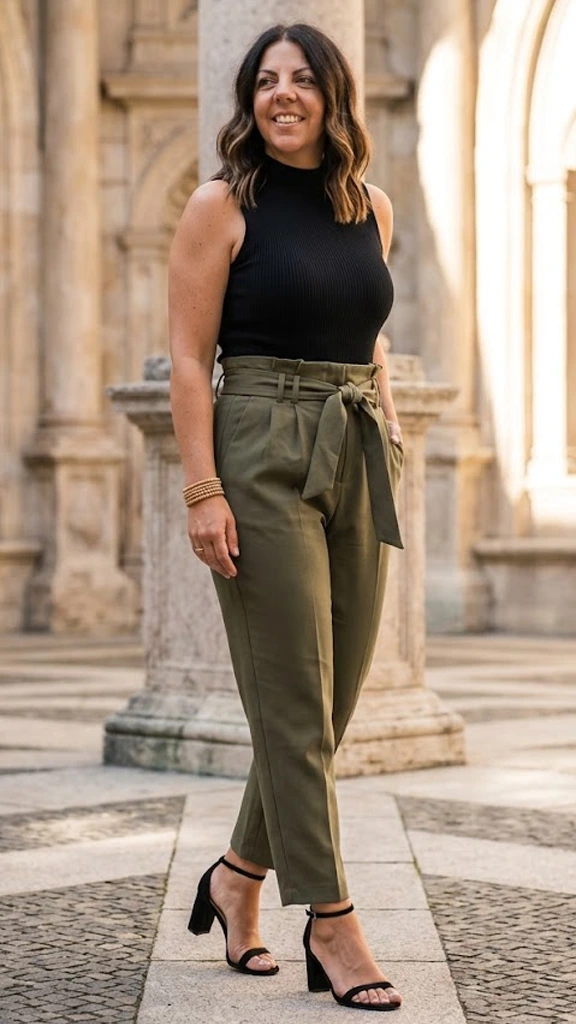 High-Waisted Paperbag Trousers Anchored by a Sleeveless Mockneck