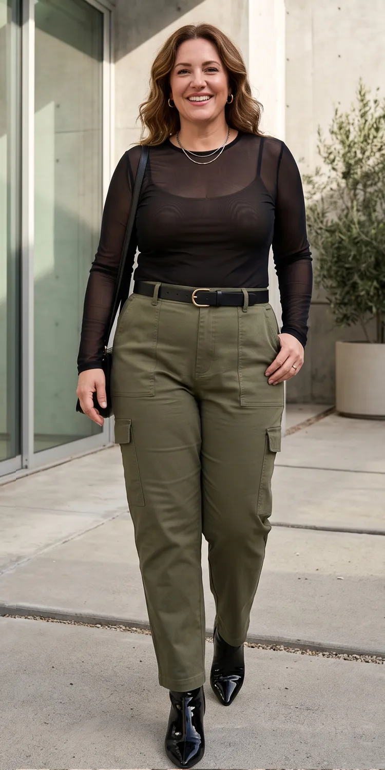 High-Waisted Utility Cargo Pants with Pointed Booties and a Fitted Mesh Top
