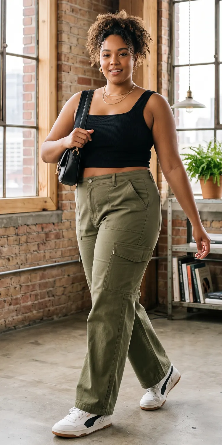 High-Waisted Wide-Leg Cargo Trousers with a Square-Neck Crop