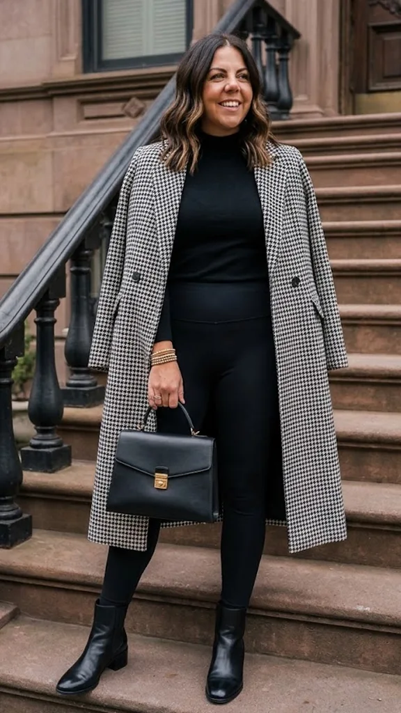 Houndstooth Overcoat Thrown Over a Sleek All-Black Turtleneck and Leggings