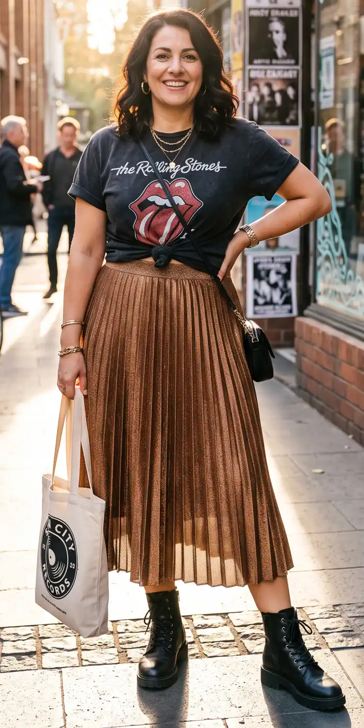 Knotted Graphic Rocker Tee Over a High-Slit Pleated Metallic Skirt