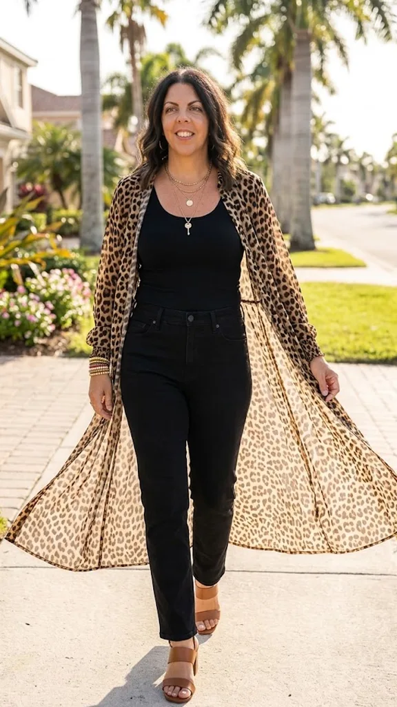 Leopard Print Chiffon Duster Floating Over a Solid Black Silhouette