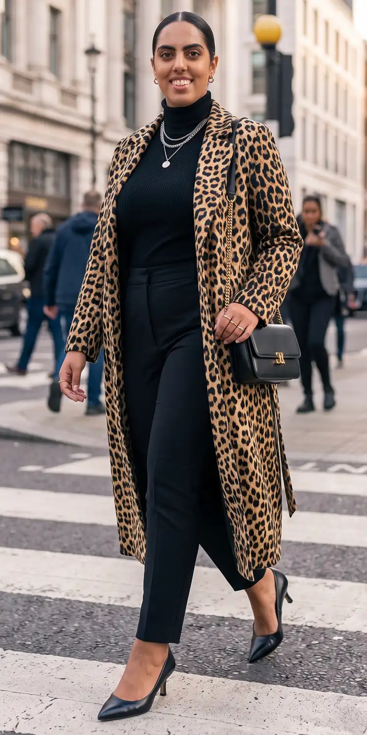 Leopard Print Longline Coat Thrown Over an All-Black Seamless Base Layer