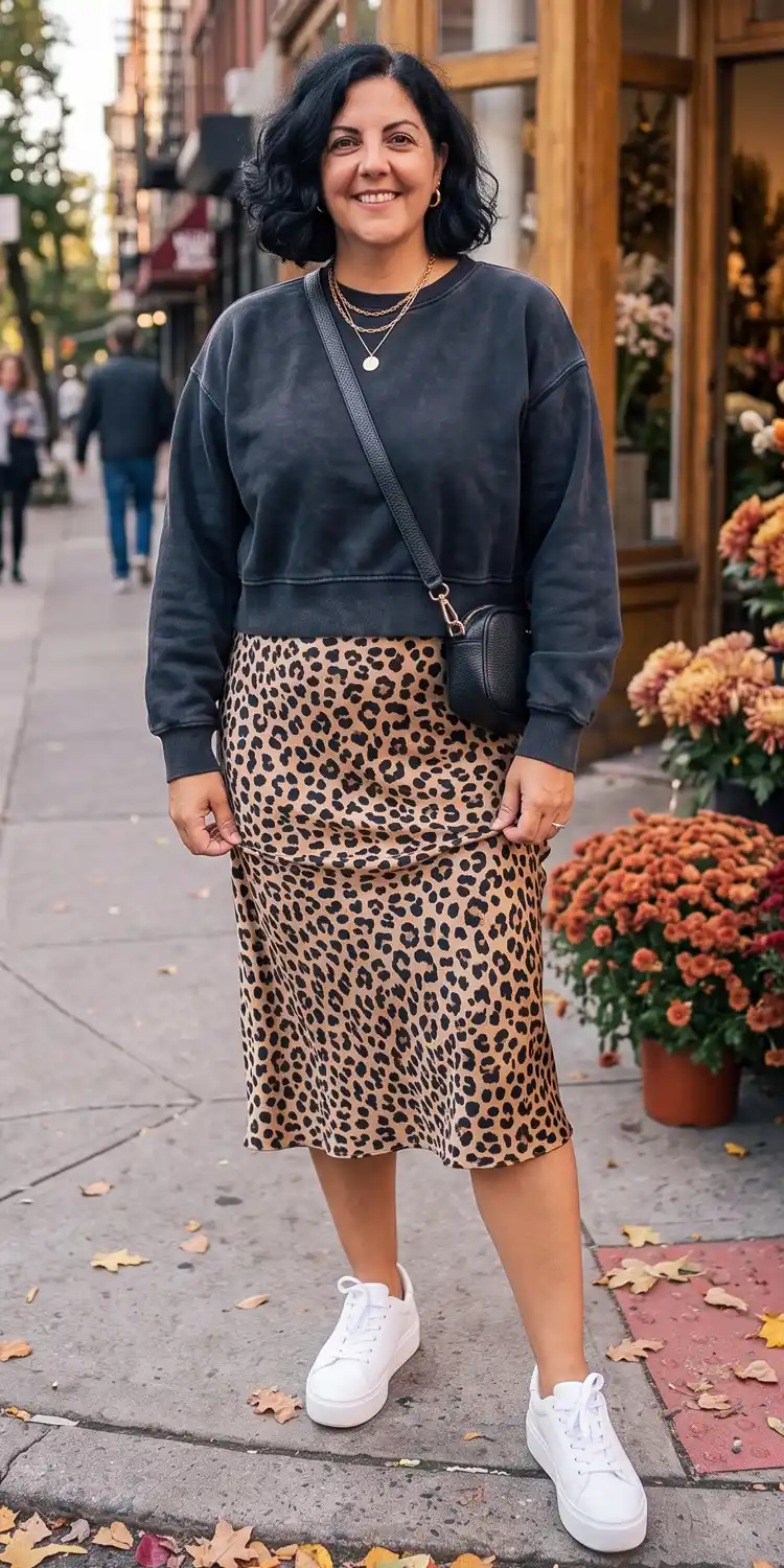 Leopard Print Satin Midi Skirt Grounded by a Boxy Cropped Crewneck Sweatshirt