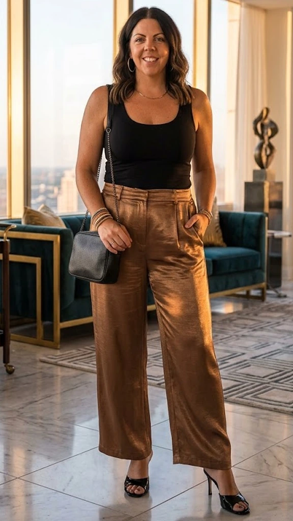 Liquid Metallic Wide-Leg Trousers Grounded by a Fitted Matte Tank