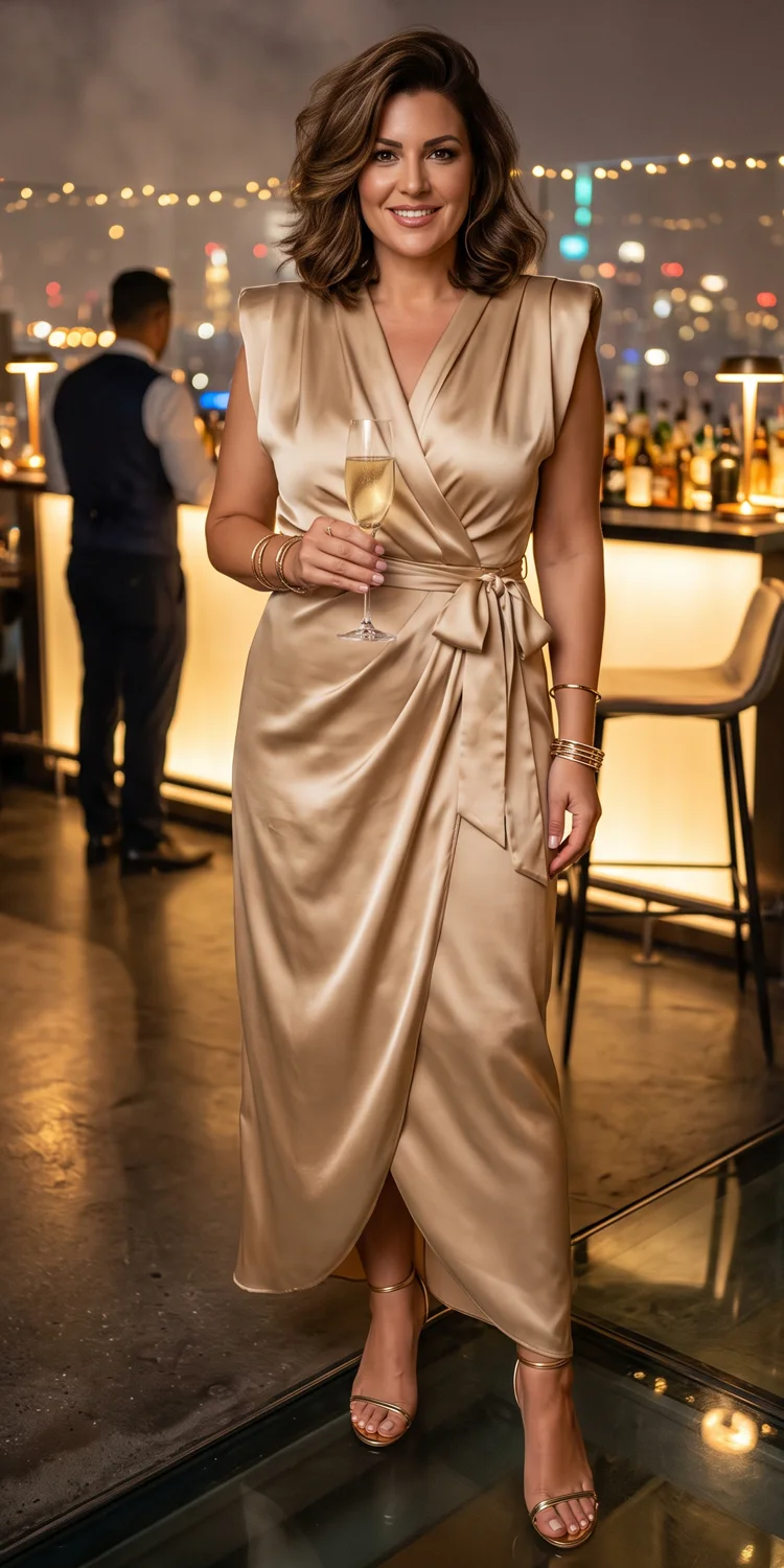 Liquid Satin Wrap Maxi with Structured Shoulder Pads