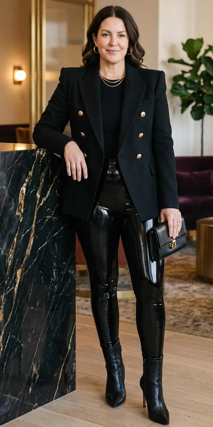 Longline Structured Blazer Over Liquid Wet-Look Leggings and Pointed Booties