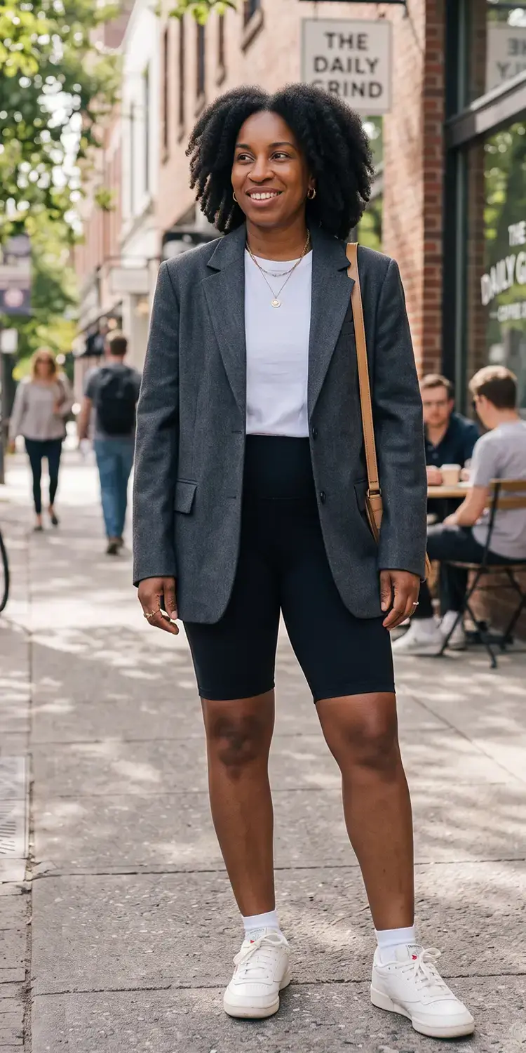 Matte Black Biker Shorts and Structured Tailored Jacket