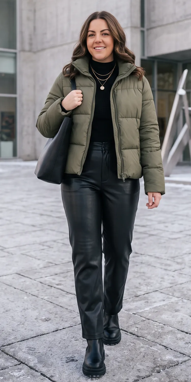 Matte Boxy Puffer Paired with High-Waisted Faux Leather Trousers