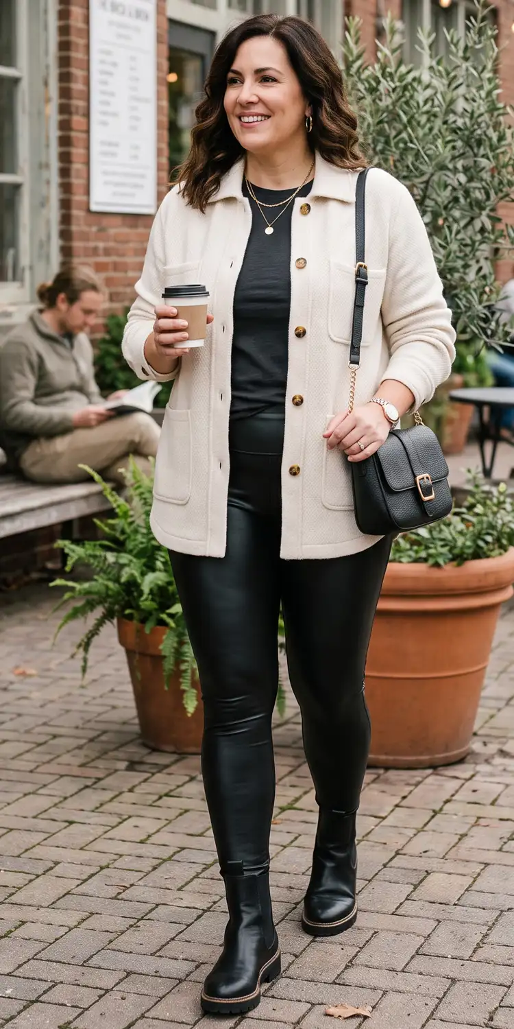 Matte Faux Leather Leggings Paired With an Oversized Cream Wool Shacket