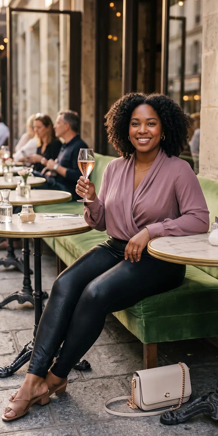 Matte Faux-Leather Leggings with a Draped Wrap Blouse