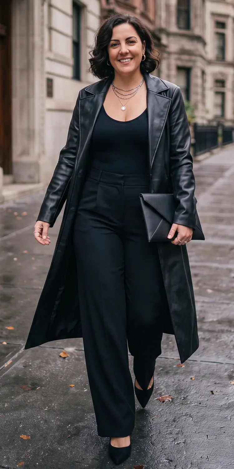 Matte Faux-Leather Trench Draped Over an All-Black Ribbed Bodysuit