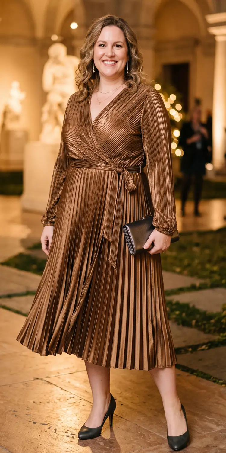 Metallic Micro-Pleated Wrap Dress with a Belted Waist