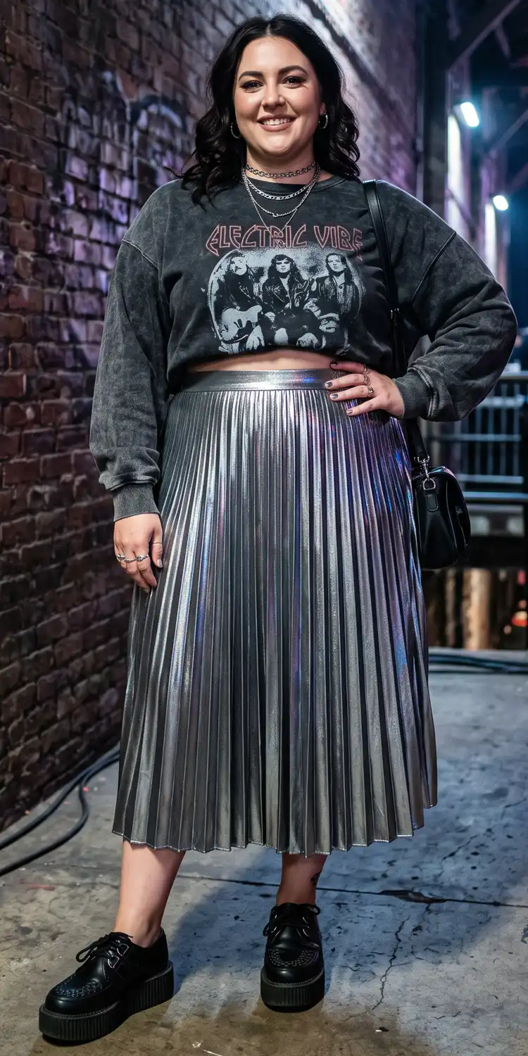 Liquid Metallic Midi Skirt Grounded with an Acid-Wash Cropped Graphic Sweatshirt