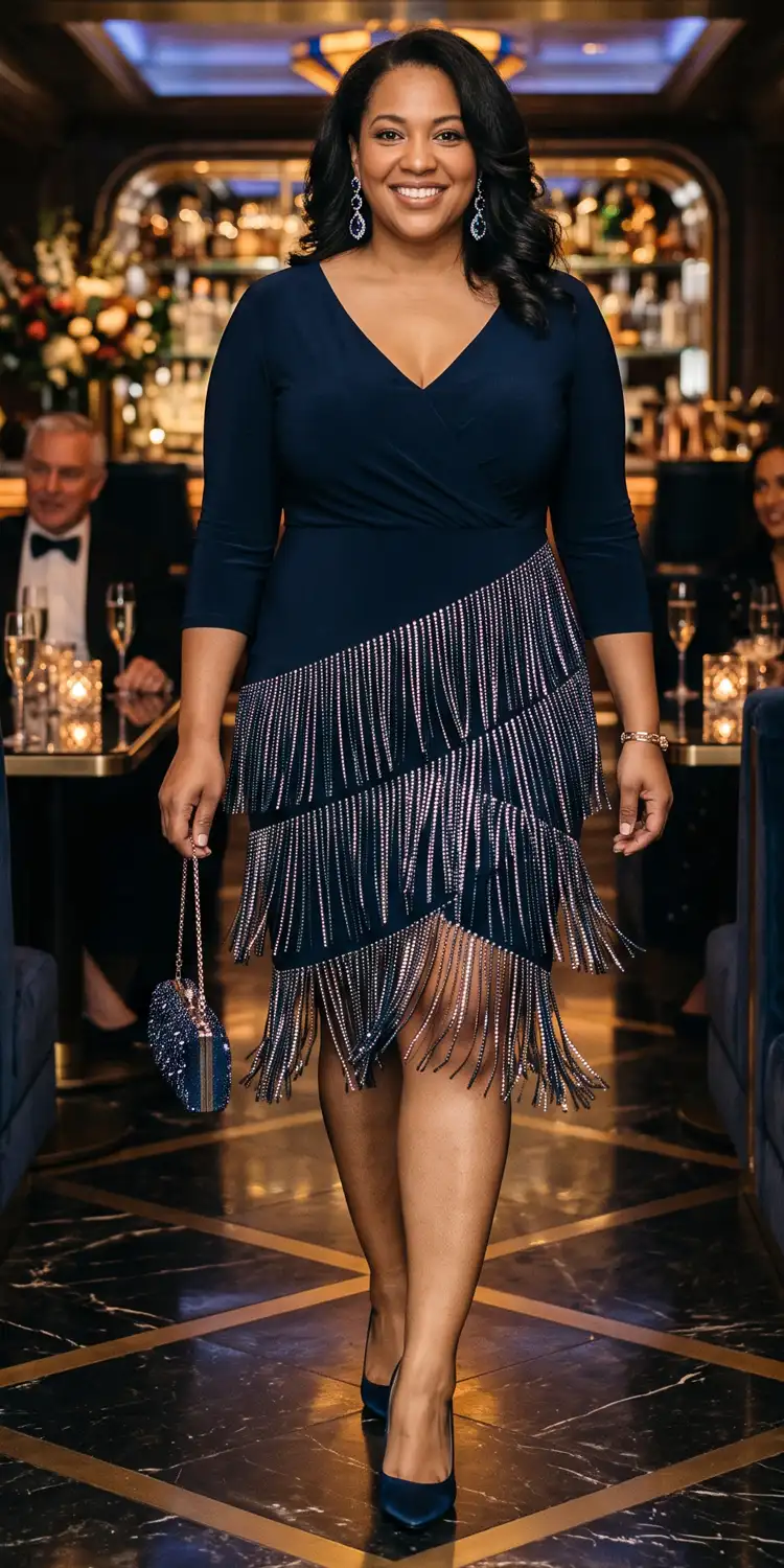 Midnight Navy Rhinestone Fringe Cocktail Dress