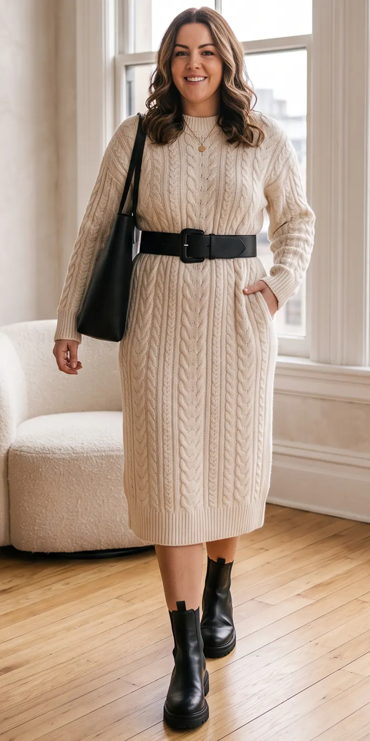 Monochromatic Cream Cable Knit Sweater Dress with Lug-Sole Boots
