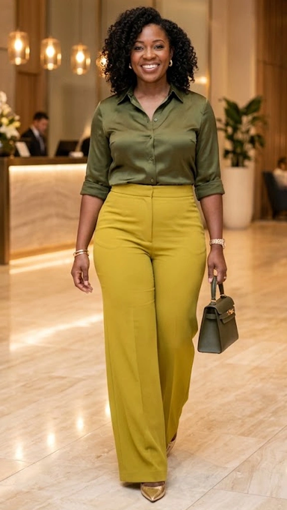Monochromatic Satin Button-Down with Floor-Sweeping Wide-Leg Trousers