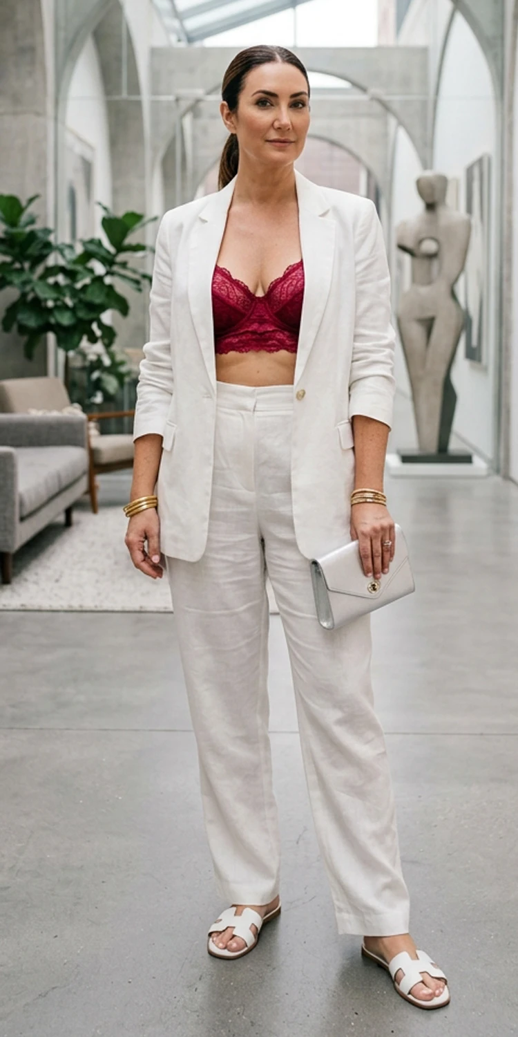 Monochromatic White Linen Trouser Set with a Bold Lace Bralette