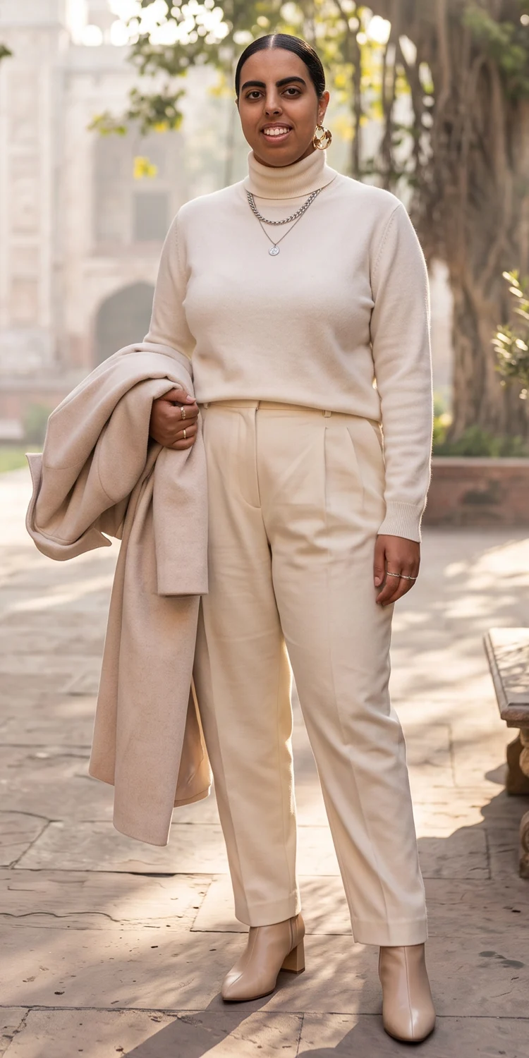 Monochromatic Winter White Ensemble of Wool Trousers and Cashmere Turtleneck