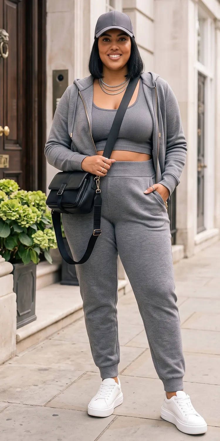 Monochrome Heather Grey Sweatsuit Styled with a Structured Crossbody and Chunky Trainers