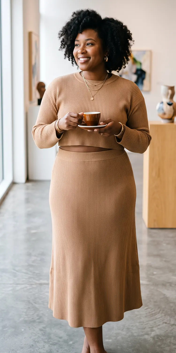 Monochrome Knit Two-Piece Midi Skirt Set