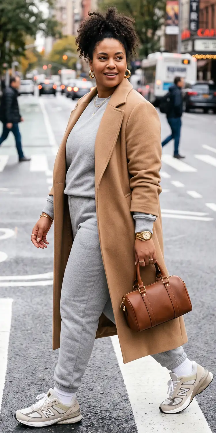 Monochromatic Neutral Sweatsuit Layered Under a Structured Longline Coat