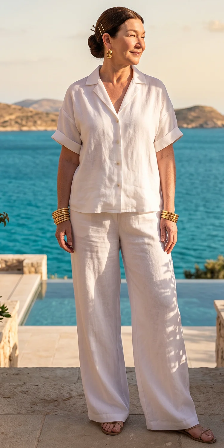 Monochrome White Linen Trouser Set Stacked with Gold Hoops