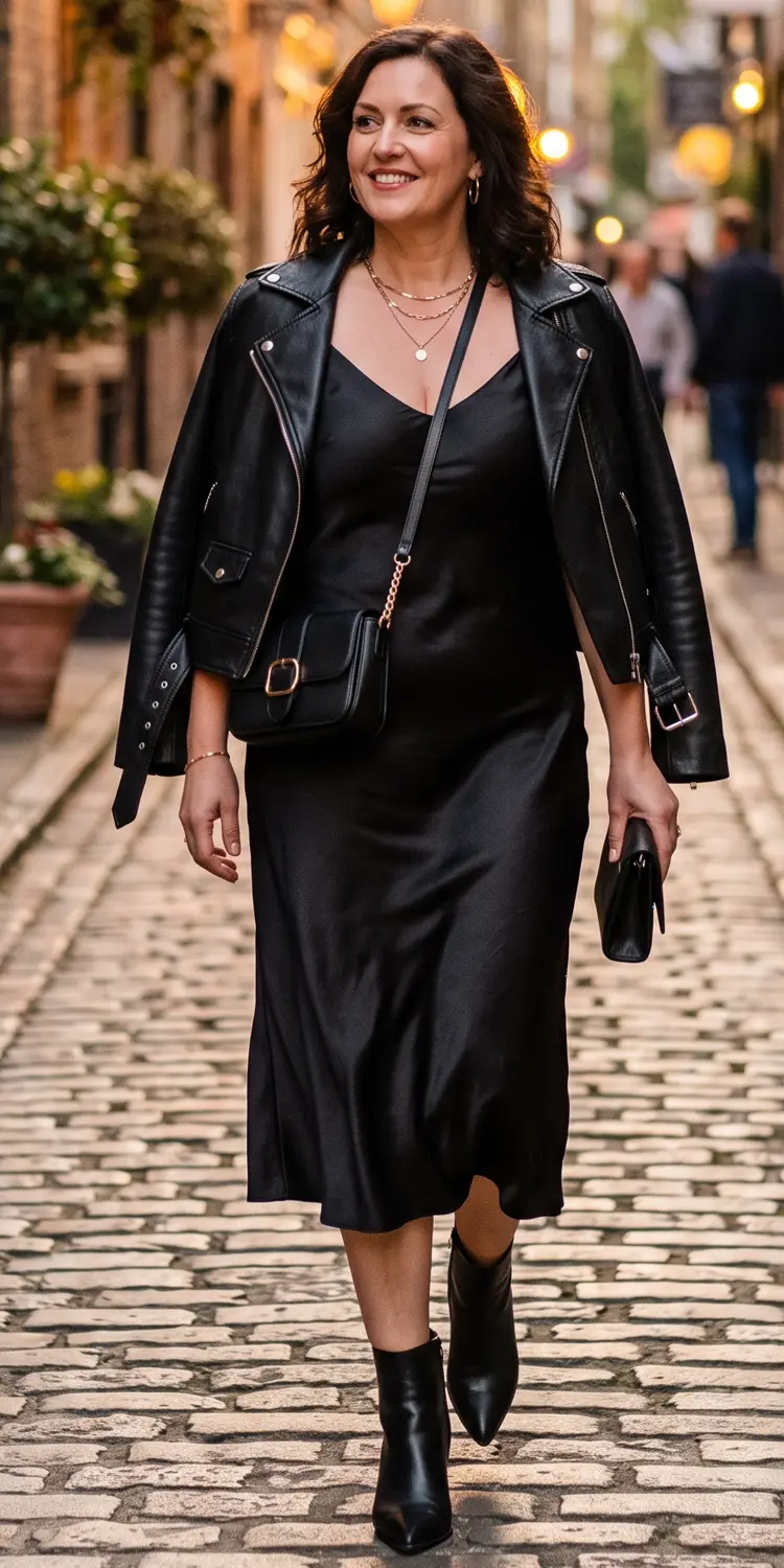 Classic Moto Biker Jacket Draped Over a Bias-Cut Black Slip Dress