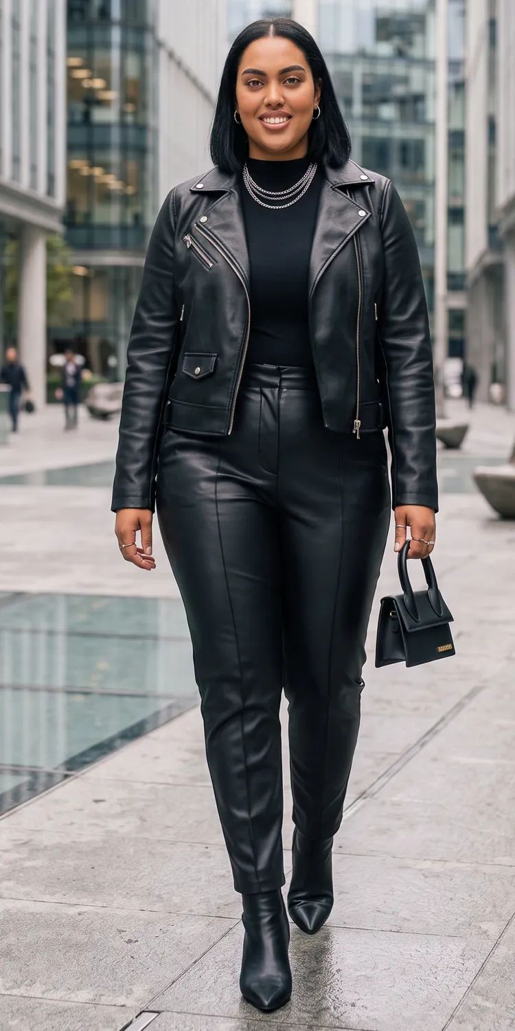 Fitted Faux Leather Moto Jacket with High-Rise Leather Trousers and Pointed Booties