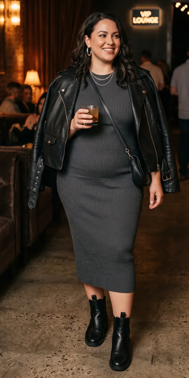 Heavyweight Faux-Leather Moto Jacket Draped Over a Ribbed Knit Column Dress