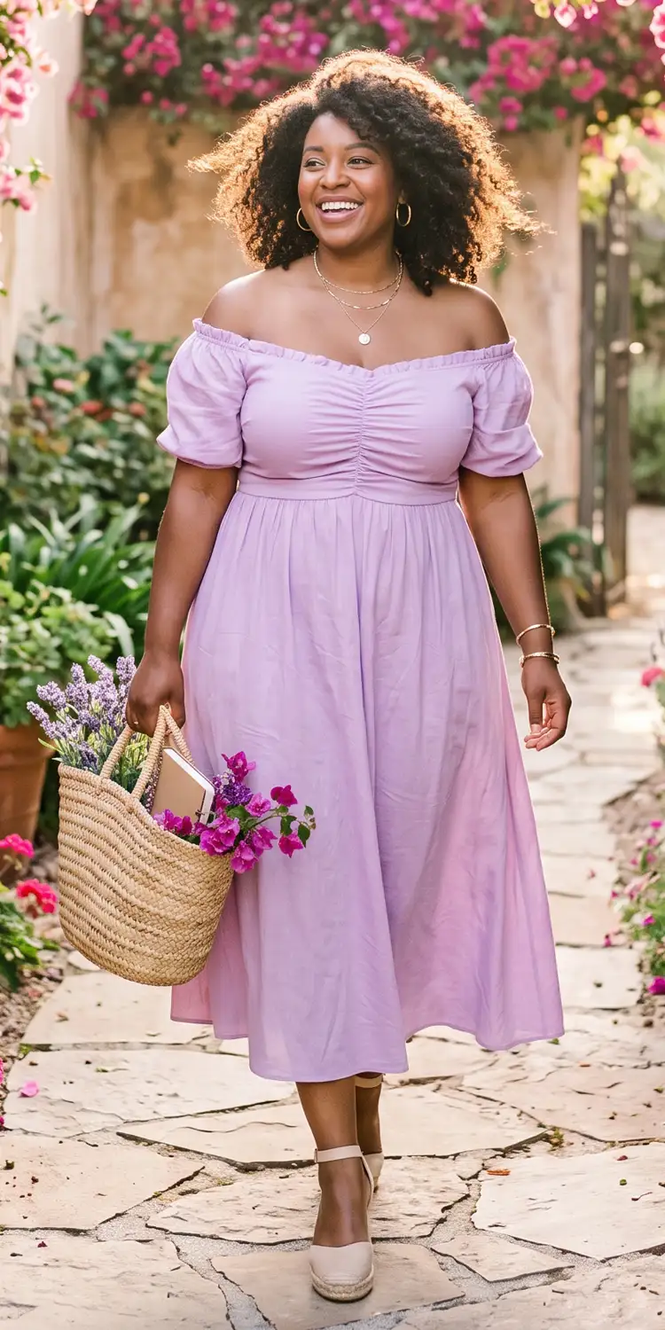 Off-The-Shoulder Ruched Midi in a Soft Pastel Hue