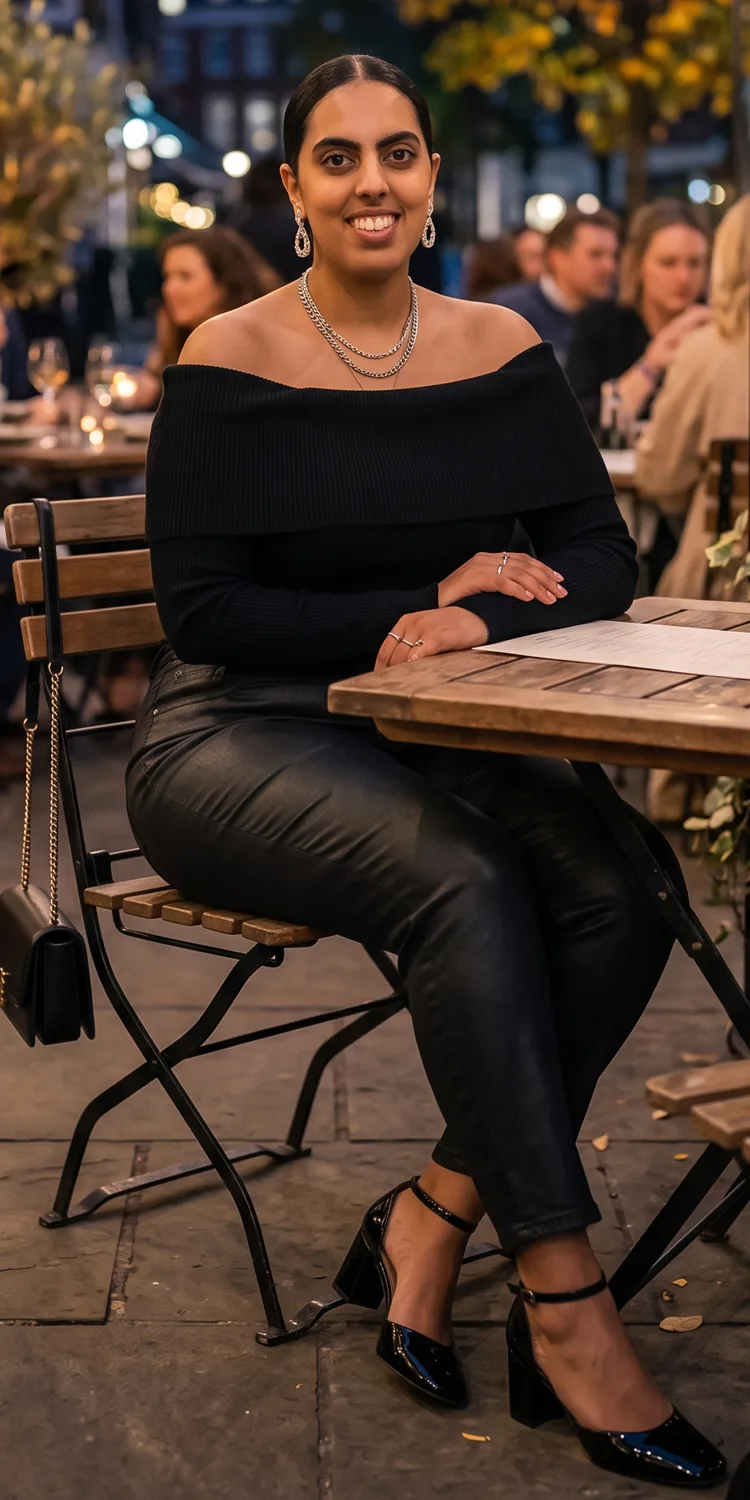 Off-the-Shoulder Knit Paired with Coated Skinny Jeans and Ankle Strap Heels