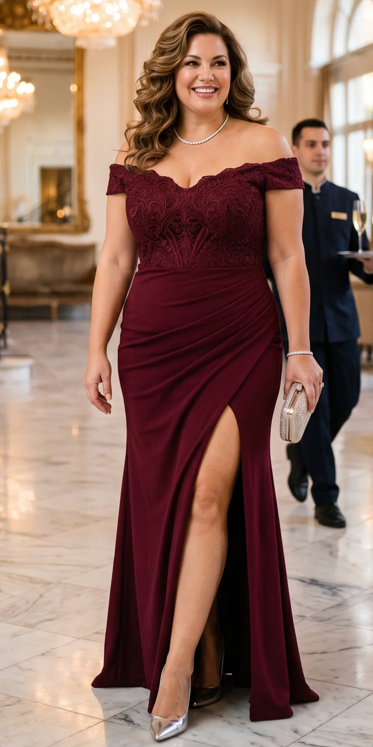 Off-the-Shoulder Lace Bodice Gown with Ruched Thigh Slit