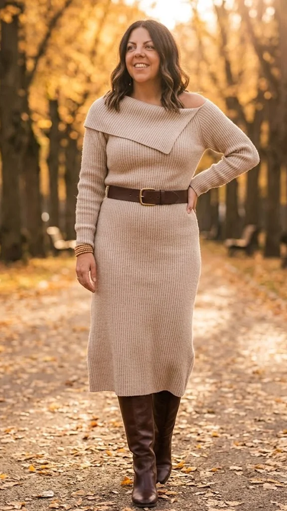 Off-the-Shoulder Sweater Dress Finished with Tall Knee-High Boots