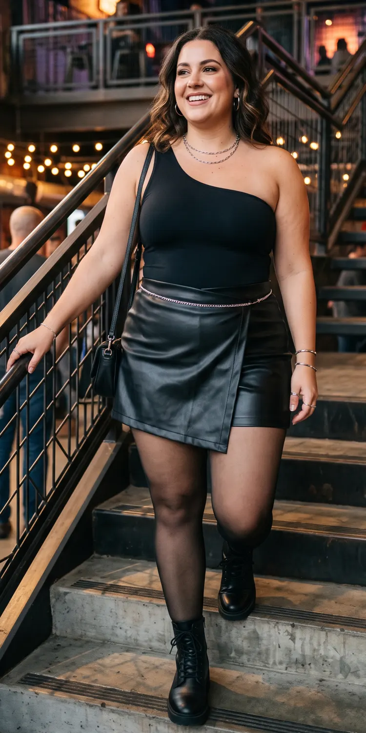 Asymmetrical One-Shoulder Bodysuit Tucked into a Faux-Leather Wrap Skort