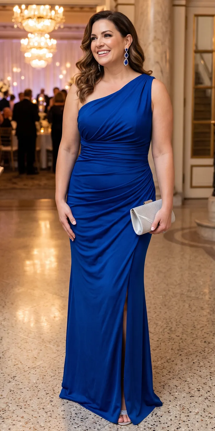 One-Shoulder Ruched Column Gown in Rich Jewel Tones