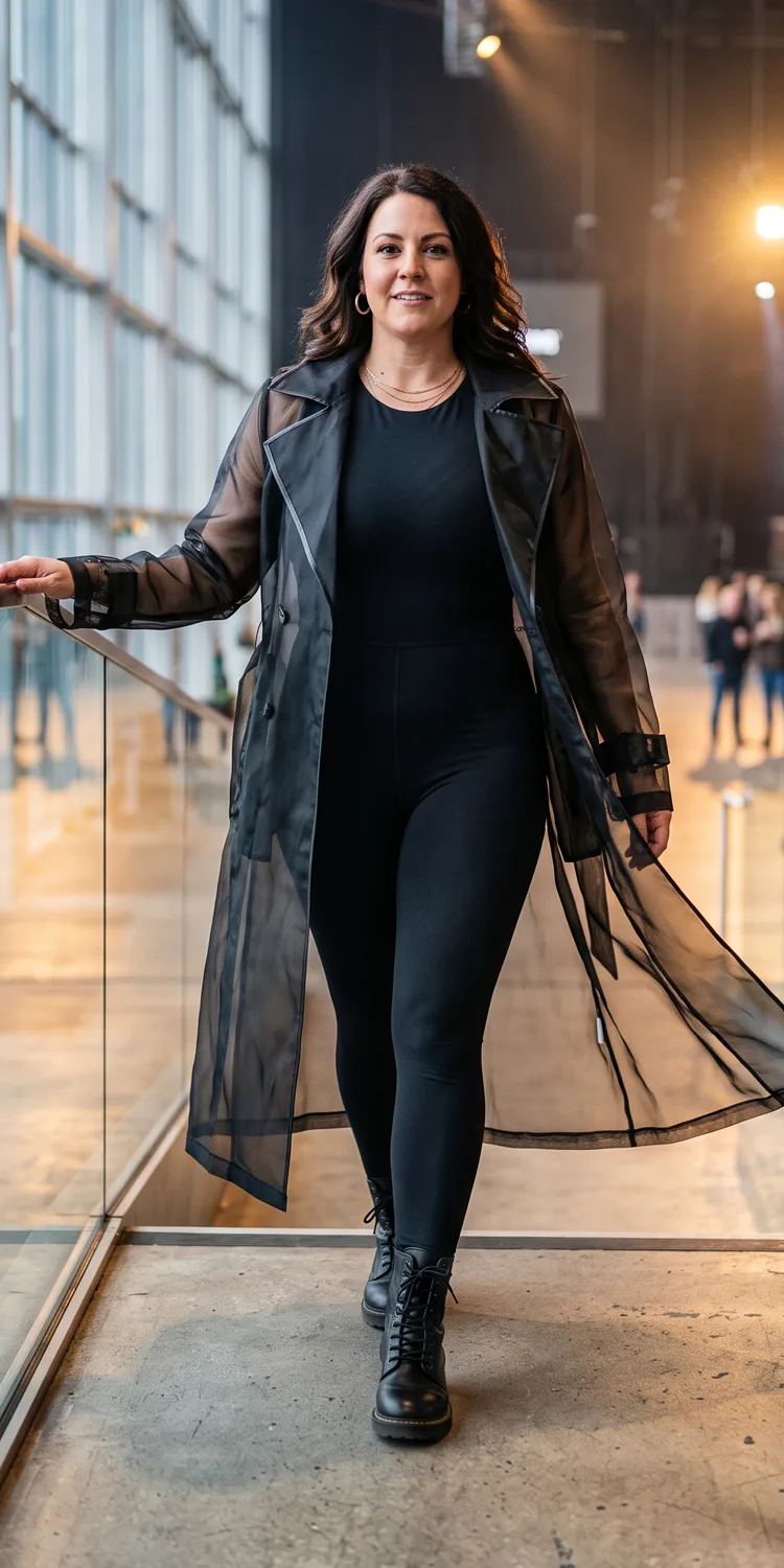 Sheer Organza Trench Coat Over an All-Black Compression Unitard