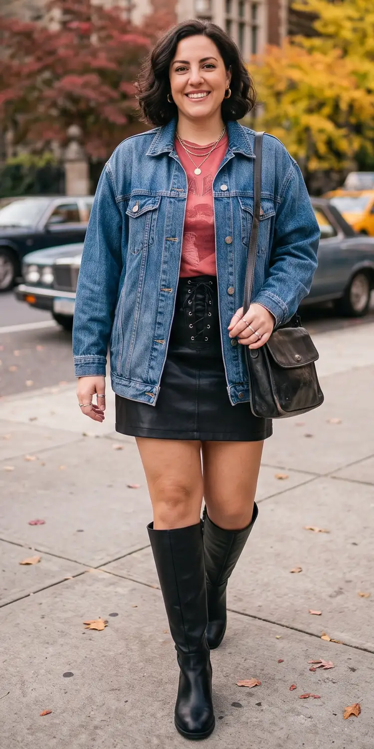 Oversized Denim Trucker Jacket Over a Graphic Tee and Lace-Up Leather Mini