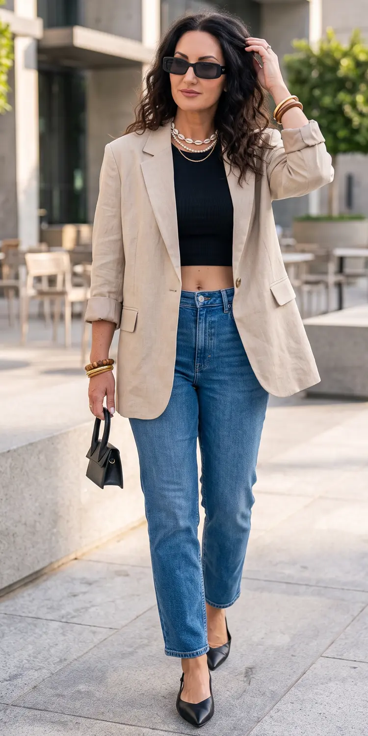 Oversized Blazer Layered Over a Seamless Micro-Crop and Straight Denim