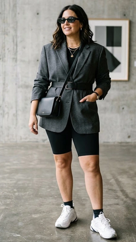 Oversized Tailored Blazer Belted Over Snatched Bike Shorts