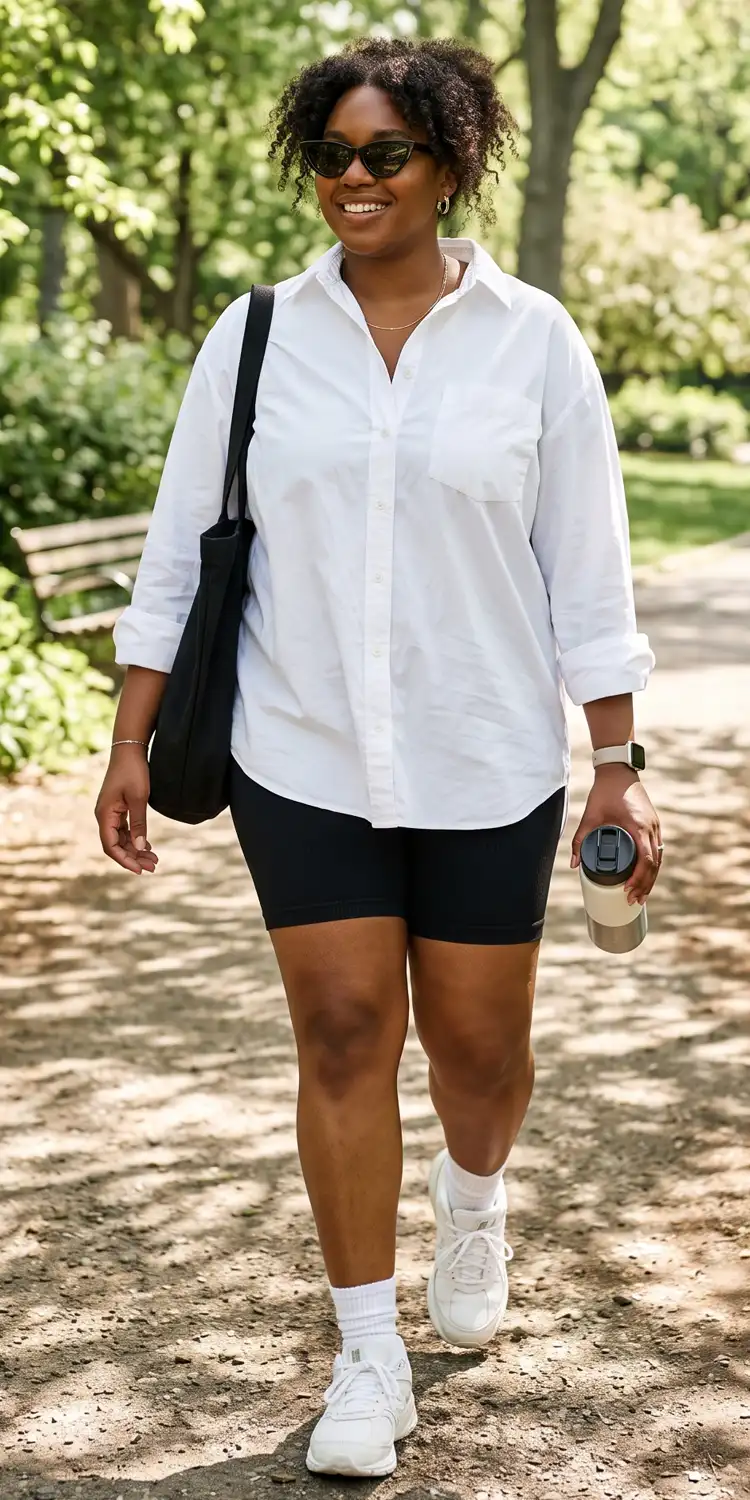 Oversized Tailored Poplin Shirt Cinched Over Bike Shorts