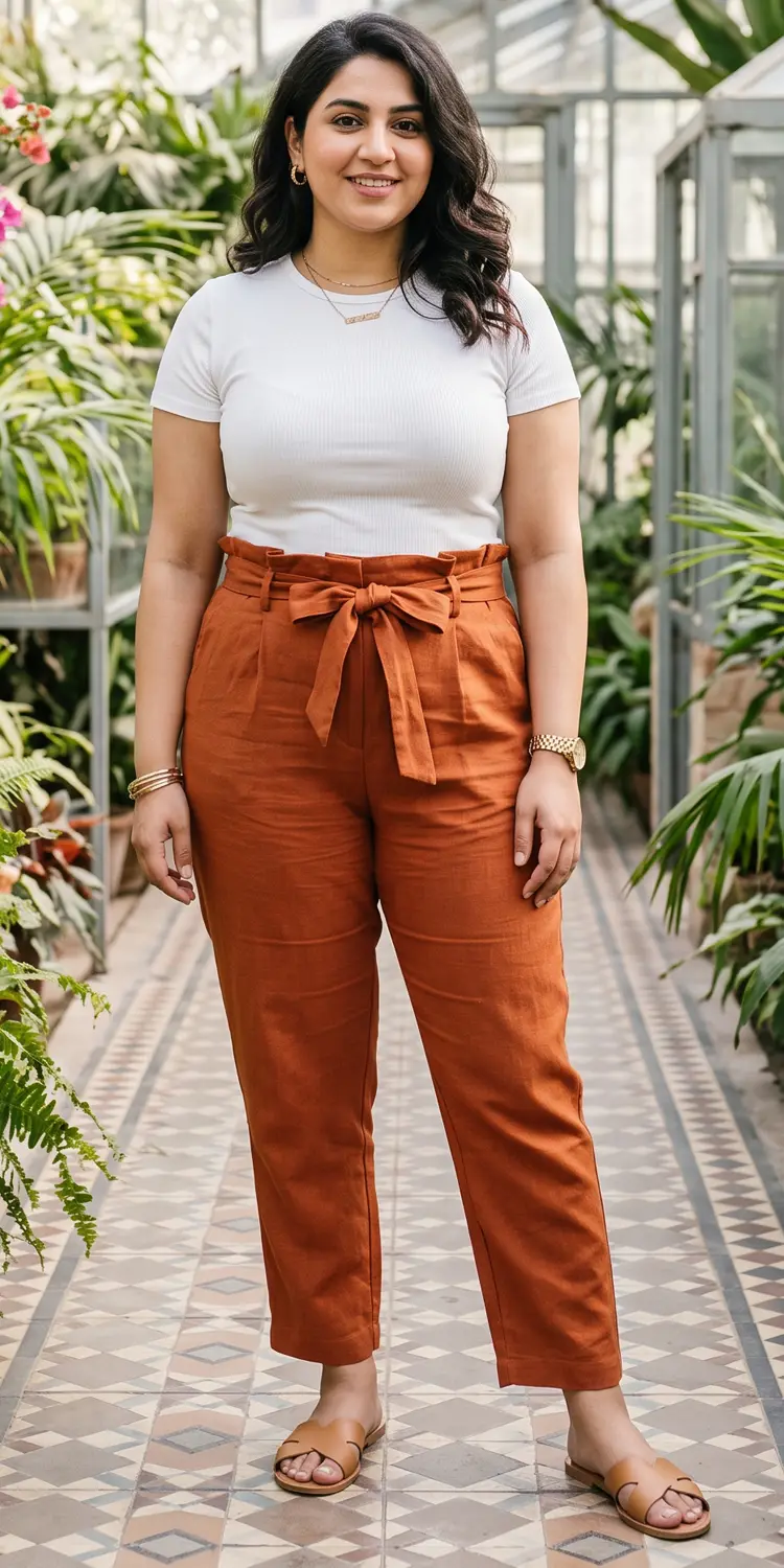Pleated Paperbag Waist Trousers Paired with a Fitted Crewneck Tee