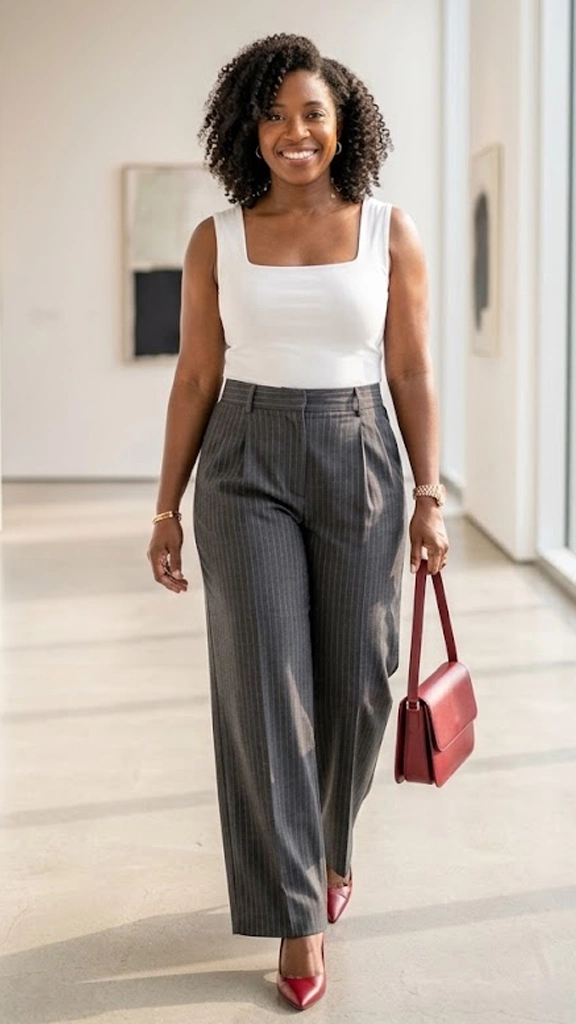 Tailored Oversized Pinstripe Trousers Paired with a Clean Square-Neck Crop