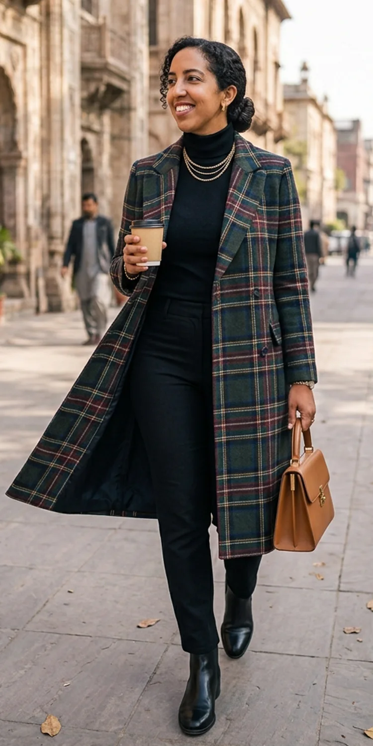 Plaid Double-Breasted Longline Coat Over a Fine-Gauge Knit and Ankle Booties