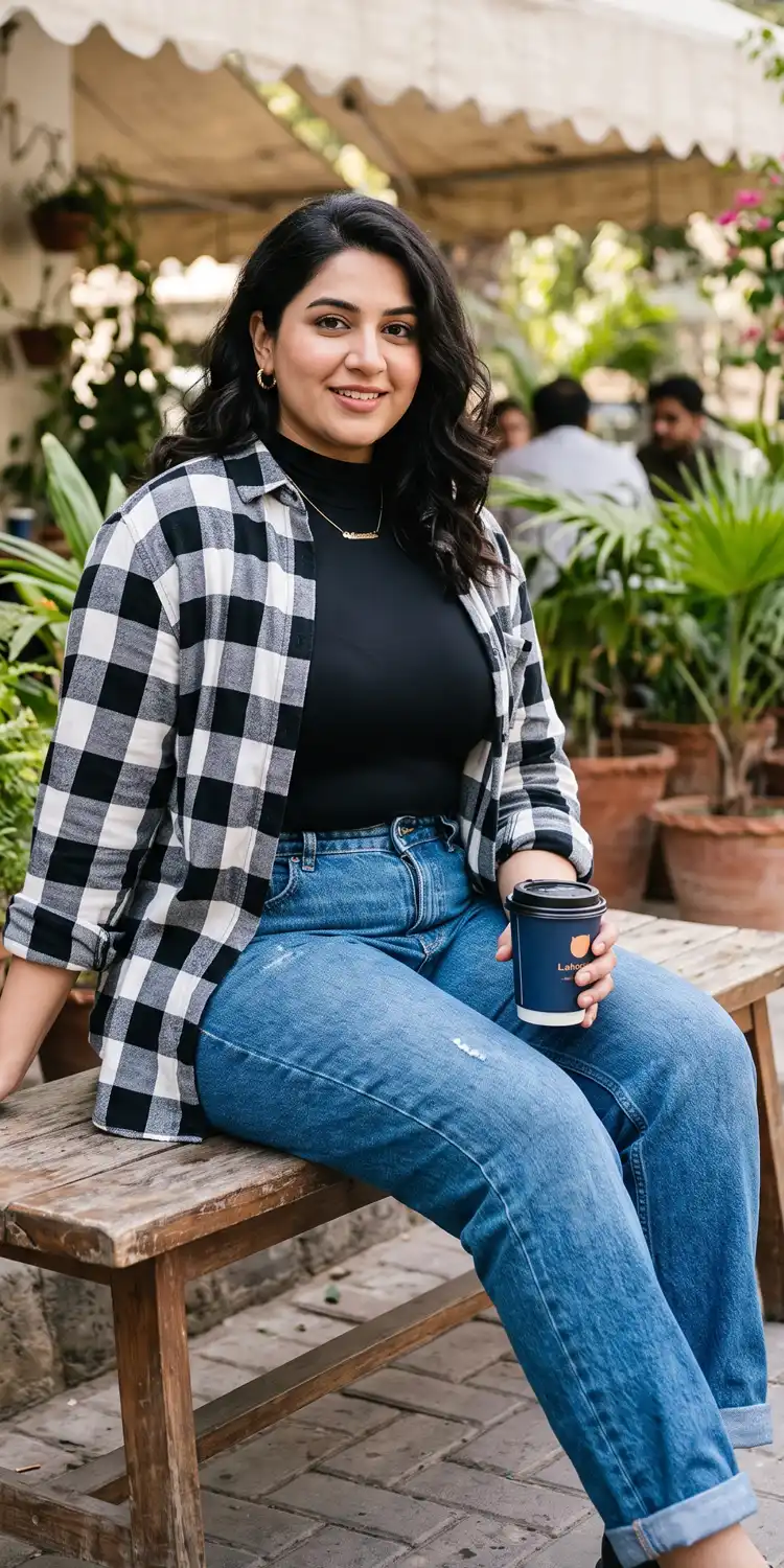 Plaid Flannel Layered Open Over a High-Neck Contour Bodysuit