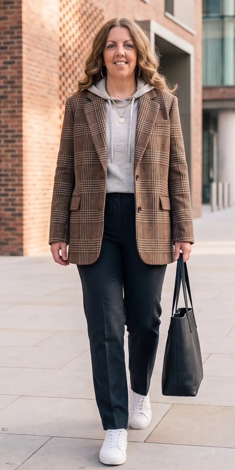 Plaid Wool Blazer Layered Over a Compact Knit Hoodie and Straight-Leg Slacks