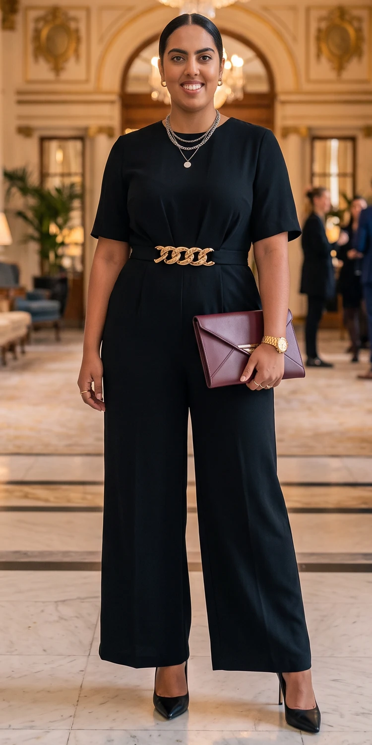 Plunging Black Jumpsuit Defined by a Chunky Gold Chain Hardware Belt