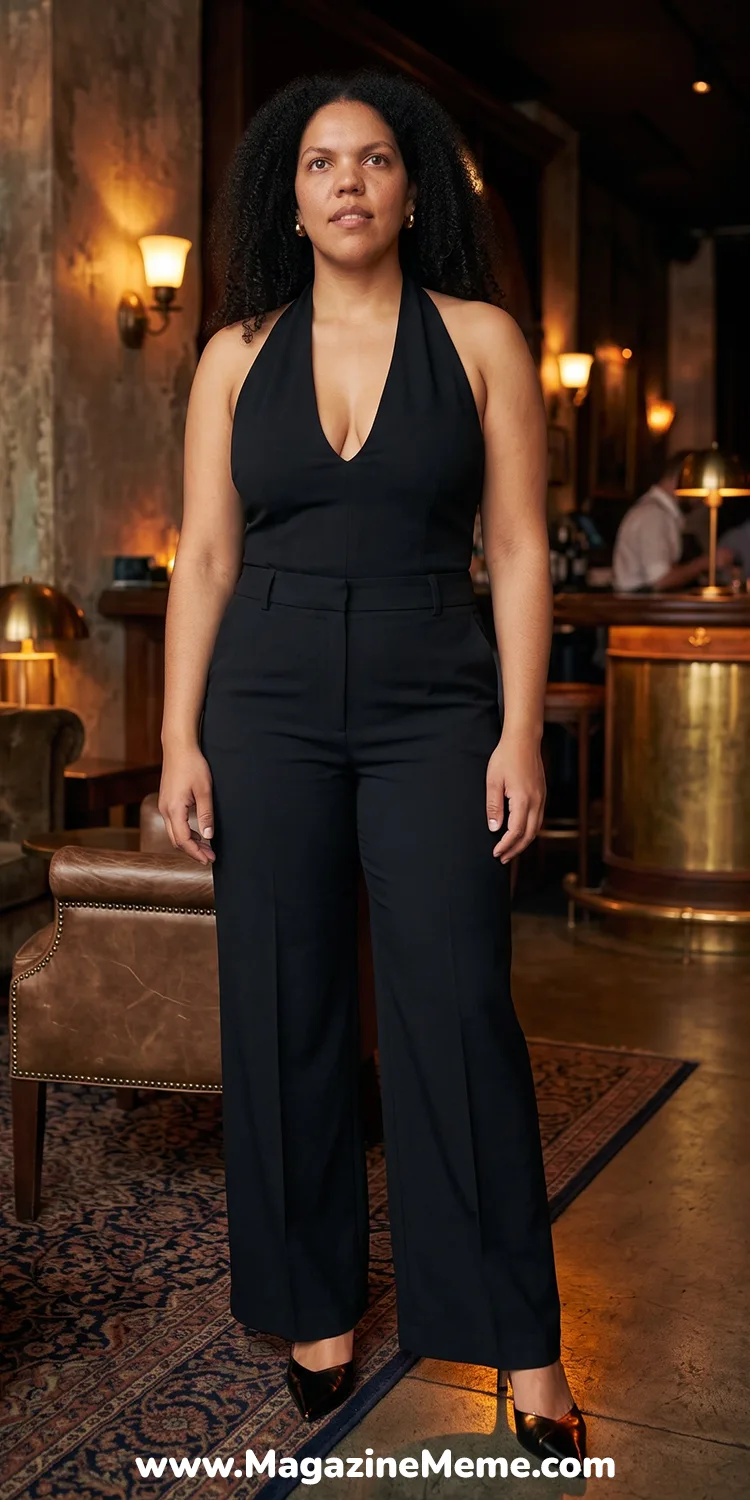Plunging Halter Top and Wide-Leg Pants
